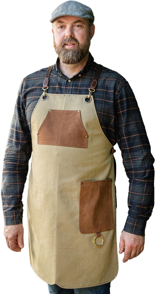 Angus Stoke BBQ-schort van hoogwaardig canvas en echt leer – verstelbaar kookschort met hoogwaardige leren banden – schort voor keuken, BBQ en barista – Simon (L/XL)