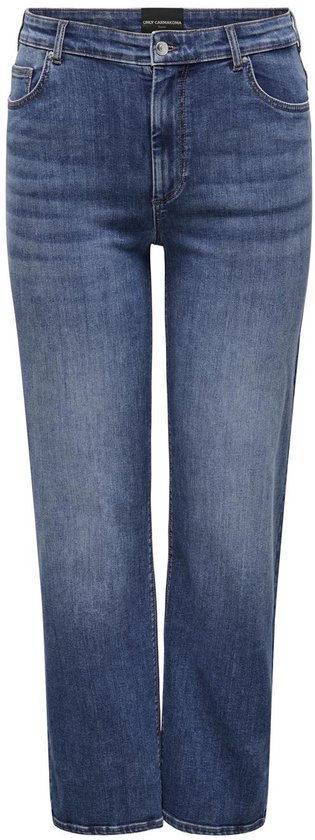 Voorkant van een blauwe spijkerbroek met hoge taille en rechte pijpen, met een klassiek denim design.
