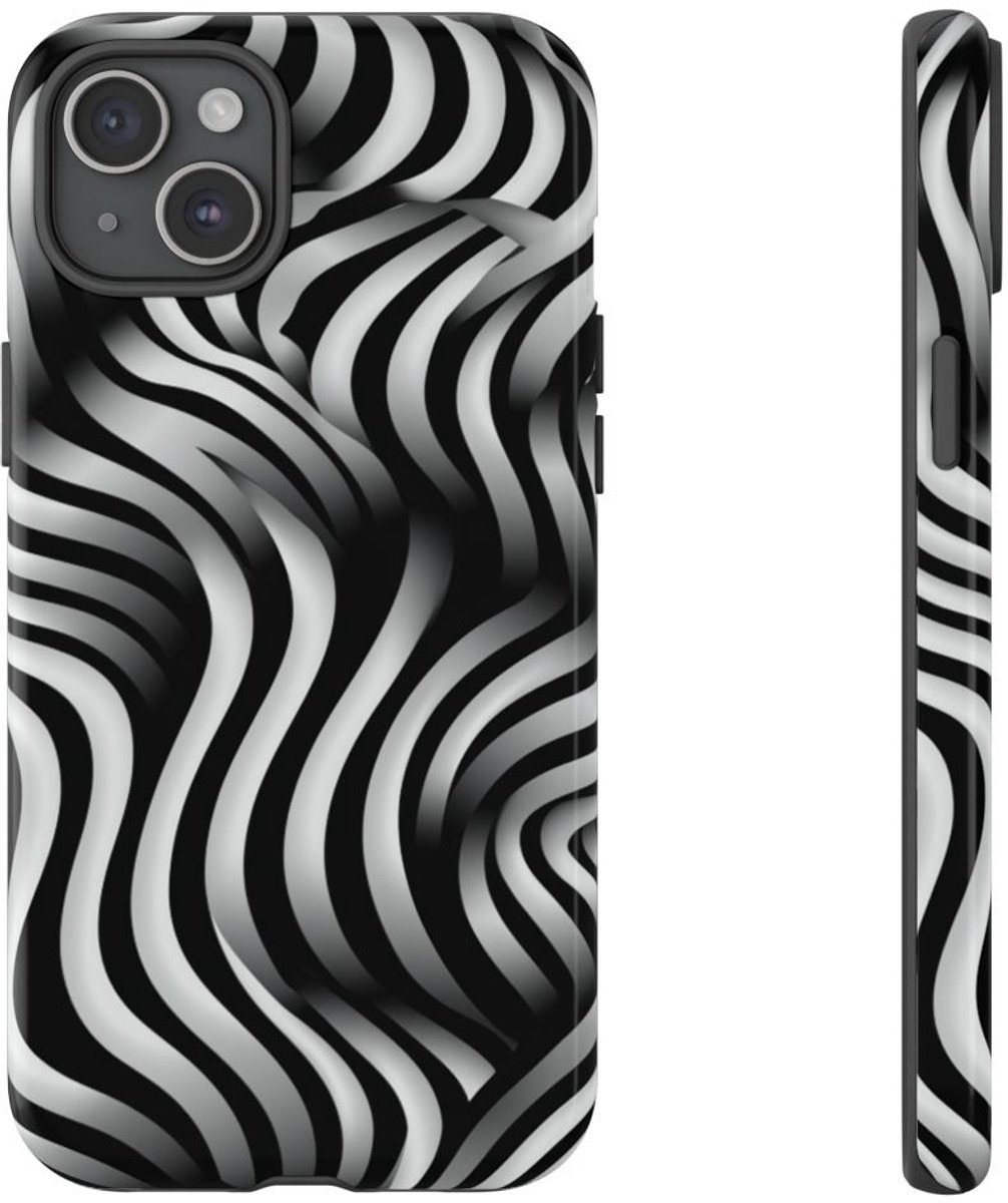 Zwart-Wit Golvend Optisch Illusiepatroon – Telefoonhoesje Geschikt voor iPhone 15 Plus