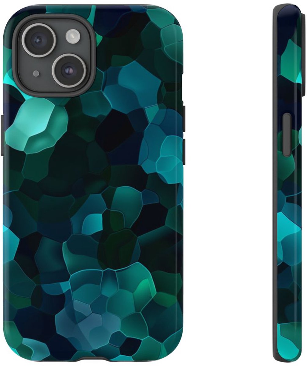 Diepzeeblauwe Geometrische Abstracte Patronen – Telefoonhoesje Geschikt voor iPhone 15