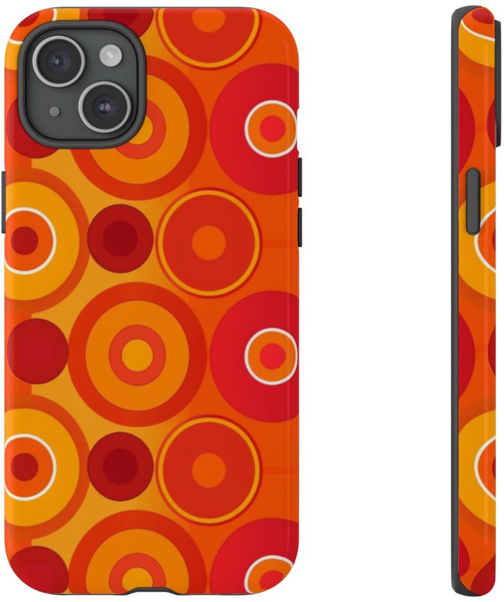 Oranje en Rode Cirkels met Glanzend Effect – Telefoonhoesje Geschikt voor iPhone 15 Plus
