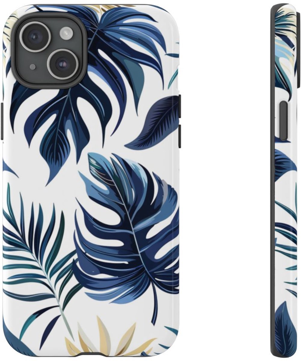 Blauwe Tropische Bladeren Patroon – Telefoonhoesje Geschikt voor iPhone 15 Plus