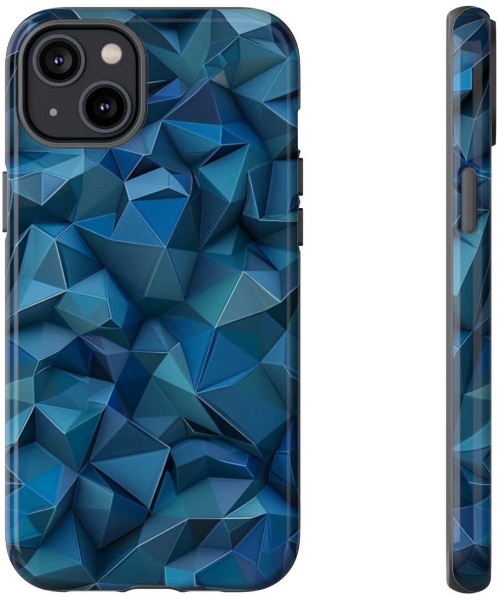 Diepblauw Geometrisch Polygonenpatroon – Telefoonhoesje Geschikt voor iPhone 14 Plus