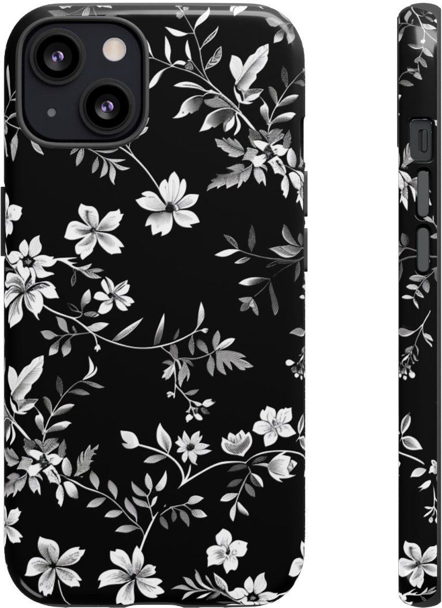 Zwart-Wit Bloemenpatroon – Telefoonhoesje Geschikt voor iPhone 13