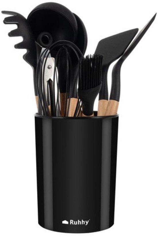 Ensemble d'ustensiles de cuisine noirs en silicone avec manches en bois dans un support noir.