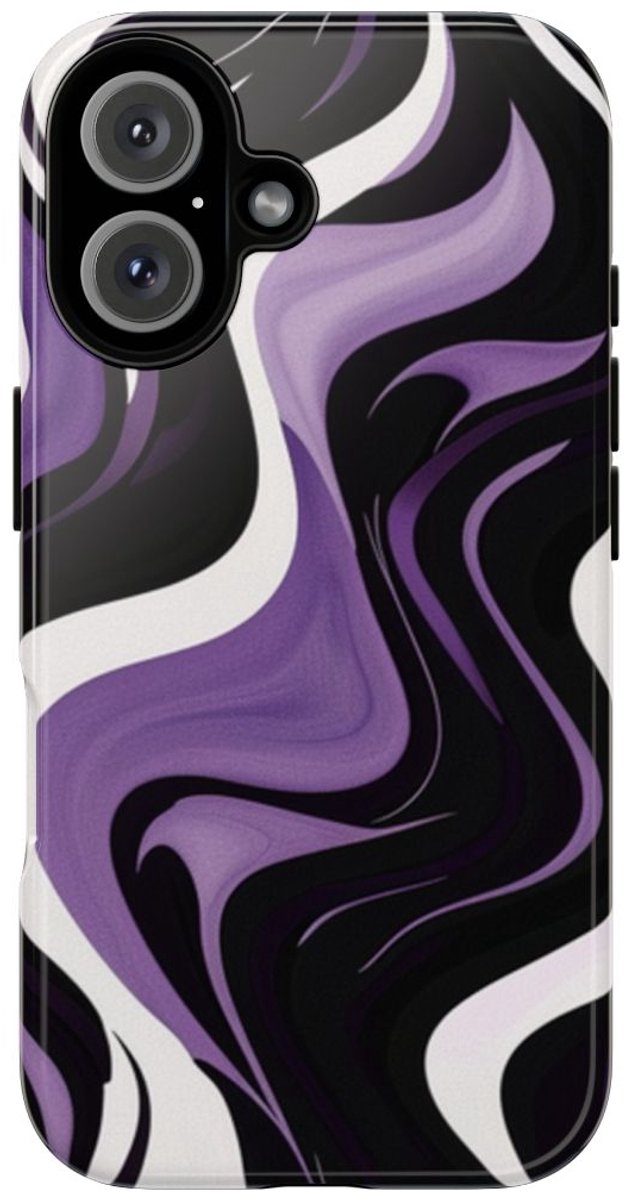 Zwart-Wit-Paarse Golvende Abstracte Print – Telefoonhoesje Geschikt voor iPhone 16