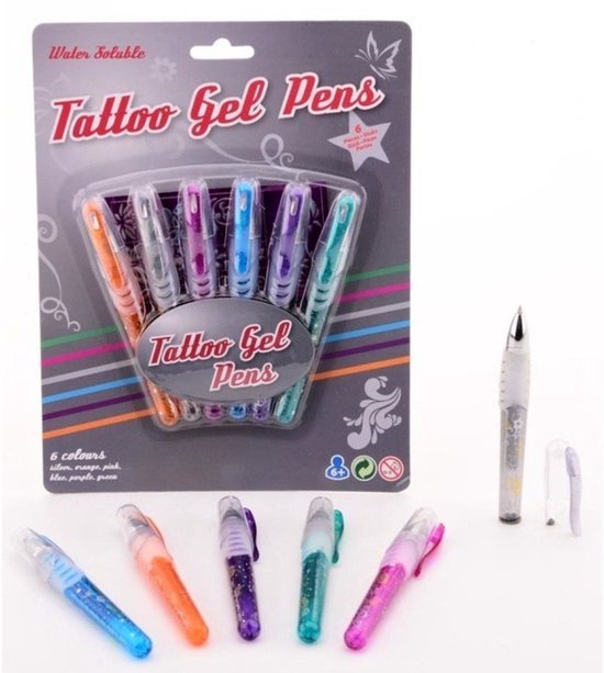 Tattoo glittergel pennen met sjablonen - Speelgoed - 6 pennen/stiften - kinderen