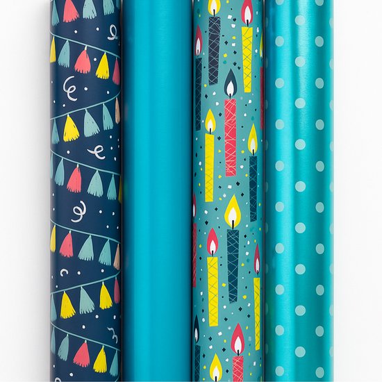Cadeaupapier - Blue Party - (4 STUKS) – 200×70 cm – Blauw, Slingers, Metallic & Vrolijke Print - Inpakpapier - Verjaardag - Kinderfeest - Modern Cadeaupapier