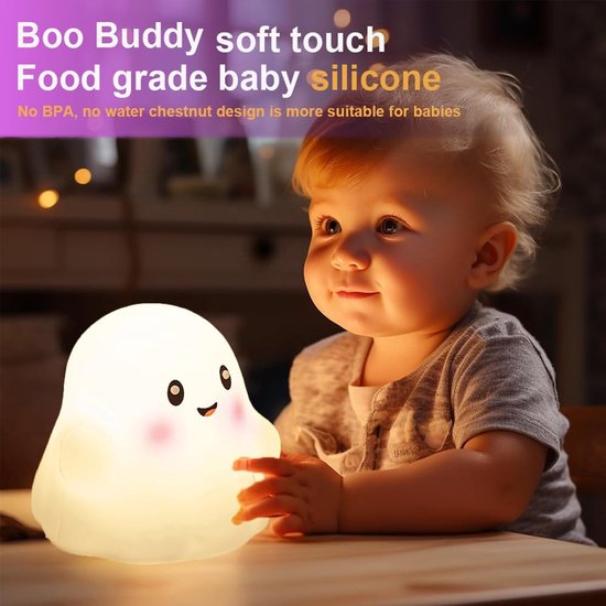 Halloween decoratie-nachtlampje volwassenen-nachtlampje kinderen-Nachtlampje in de vorm van een spook voor kinderen - Nachtlampje in de vorm van een siliconen kinderkamer met 13 interactieve geluidseffecten - Wit spookje - 11,5 x 11,5 x 10,5 cm van Merkloos — afbeelding 3