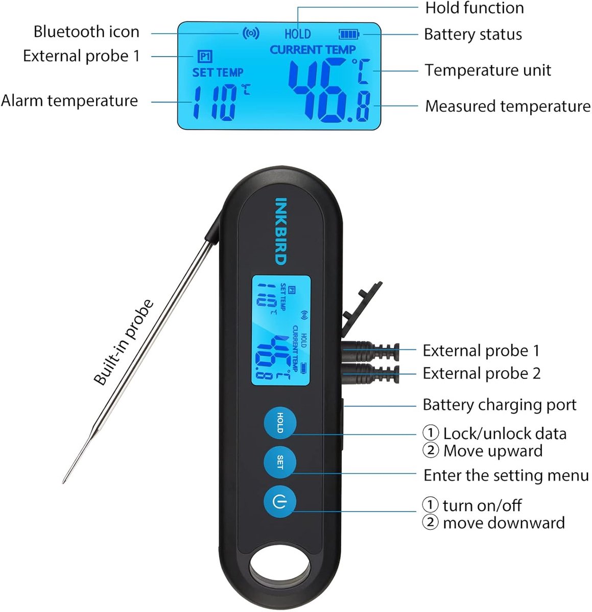 Inkbird BBQ Thermometer IHT-2PB – 2in1 Vleesthermometer – Snel & Nauwkeurig – Waterdicht