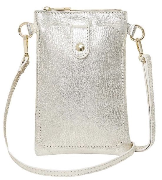Sacoche pour téléphone en cuir argenté métallisé - Sac à bandoulière - Poche avant - Sac à bandoulière - Cuir - Argent