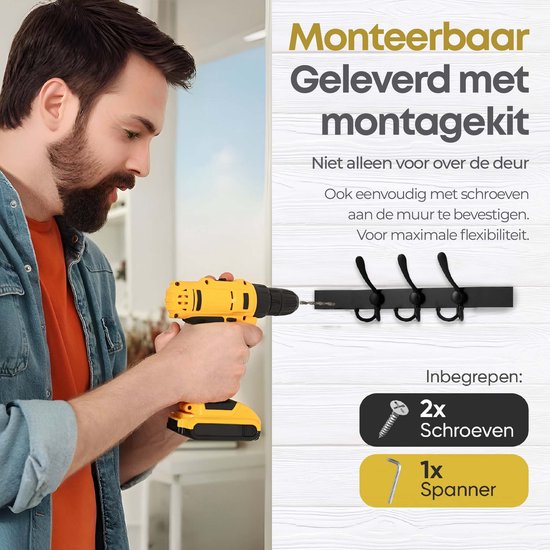 Bene Vivere® Deurkapstok – Zwarte Metalen Ophanghaak zonder Boren – Ruimtebesparend — afbeelding 5