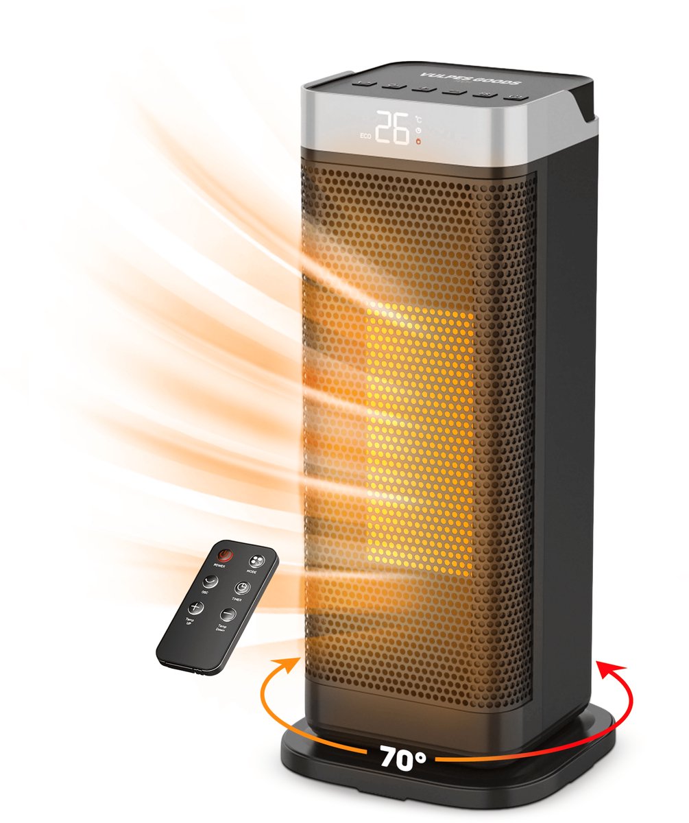 Vulpes Goods® Tech - Elektrische Kachel - Ventilatorkachel - Keramische Kachel - 4 Standen - 2000W - Timer, Afstandsbediening & Thermostaat - Heater - Elektrische Verwarming voor Binnen - Zwart