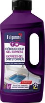 Paarse fles met de tekst "DÉBOUCHEUR GEL EXPRESS EXPRESS GEL ONSTOPPER". Afbeelding van een gootsteen met stilstaand water en pijlen die de werking aangeven. "SPECIALE STILSTAAND WATER"