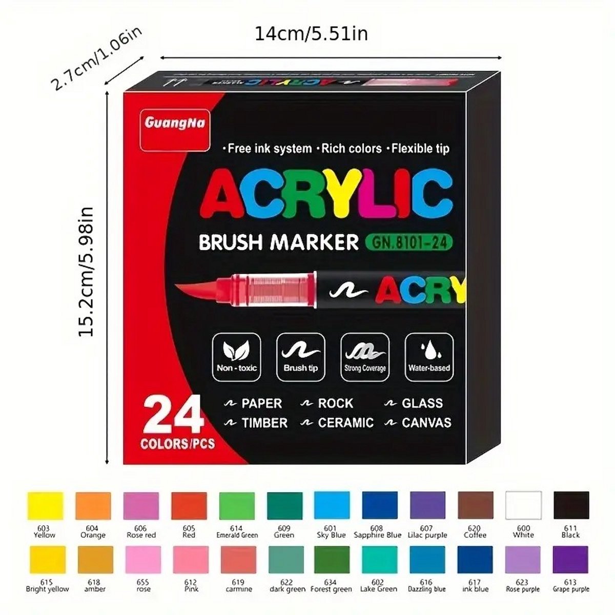 K&R Ventures® Acrylstiften – 24 Kleuren – Acryl Marker Stiften voor Glas, Hout, Steen, Keramiek, Stoffen & Canvas – Verfstiften op Waterbasis – Niet Giftig – Voor Volwassenen & Kinderen – Tekenset met Sterke Dekking - Guangna Brush Markers