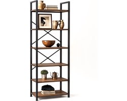 Goliving Boekenkast - 66 x 30 x 186 cm - 6 Lagen - Opbergkast - Wandkast - Boekenrek - Vitrinekast - Stellingkast - Woonkamer Kast - Industrieel - Bruin/Zwart