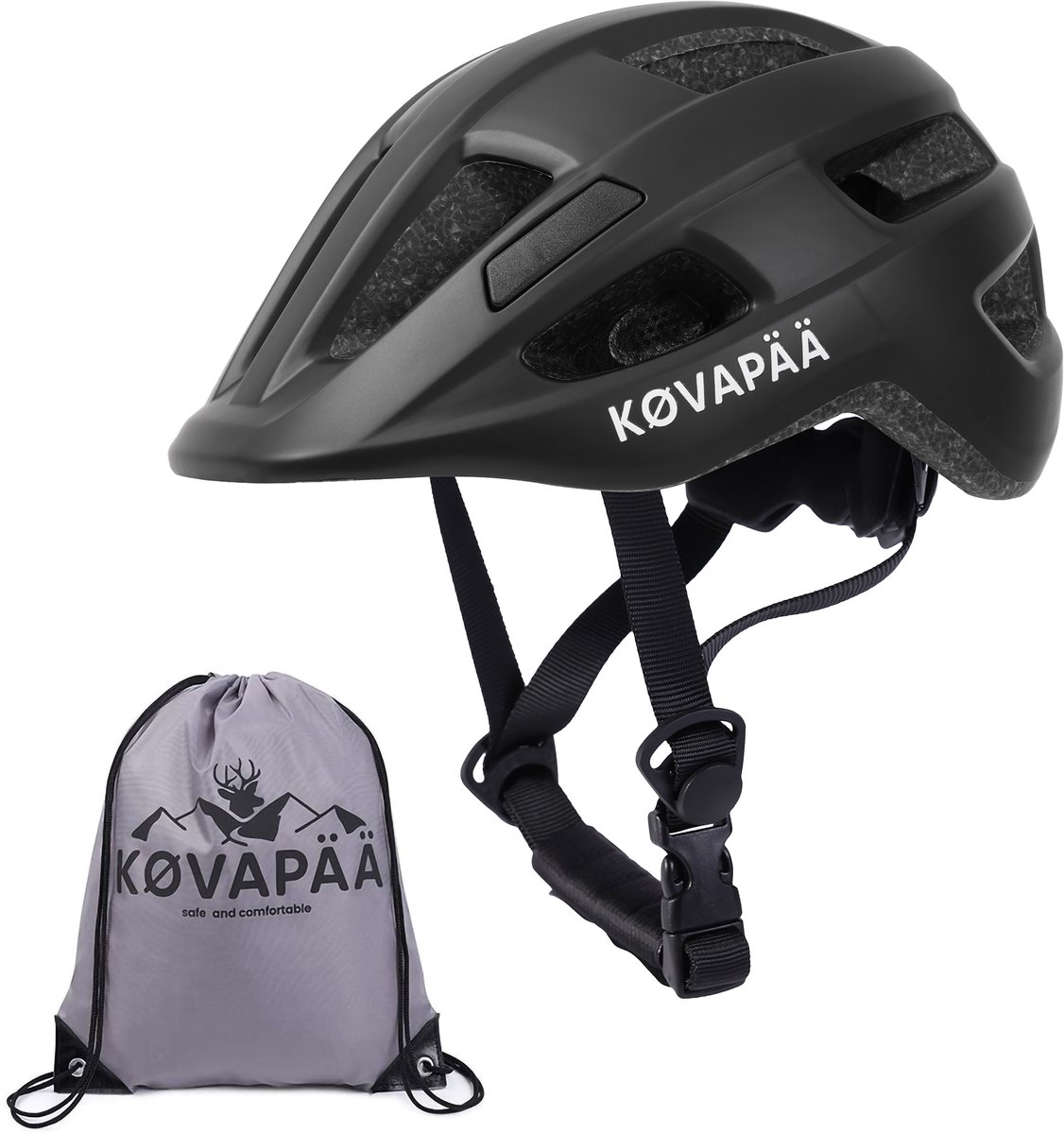 Køvapää® Lappi Fietshelm – Maat S/M (52–56 cm) – Inclusief Opberghoes en Regenhoes - Zwart