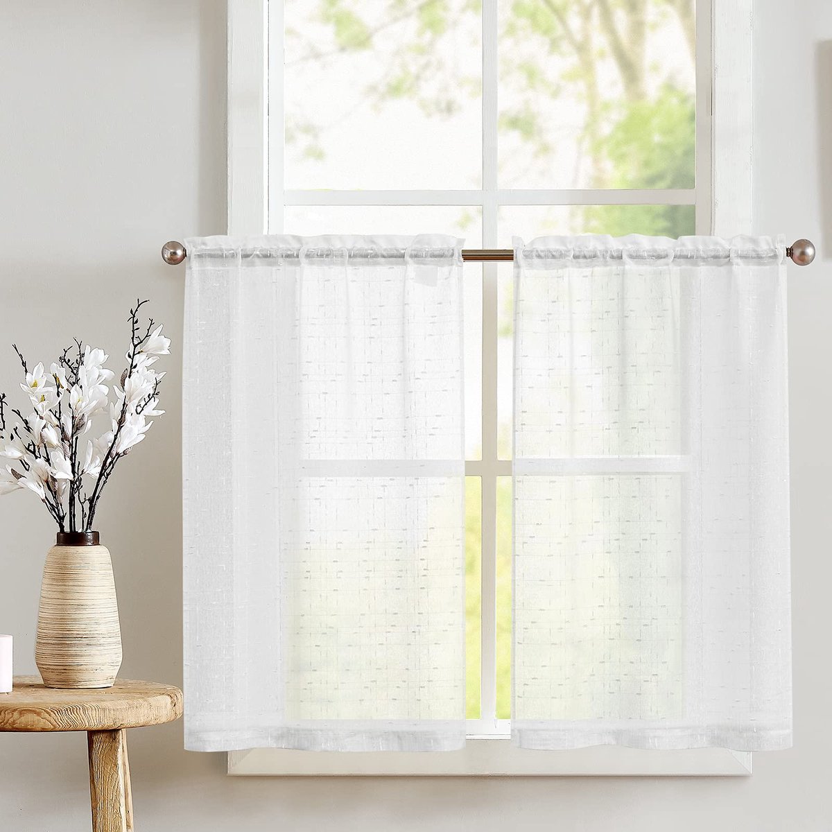 Ibenzoa Vitrage Set van 2 in Landelijke Stijl met Kruispatroon voor Keuken en Woonkamer Wit