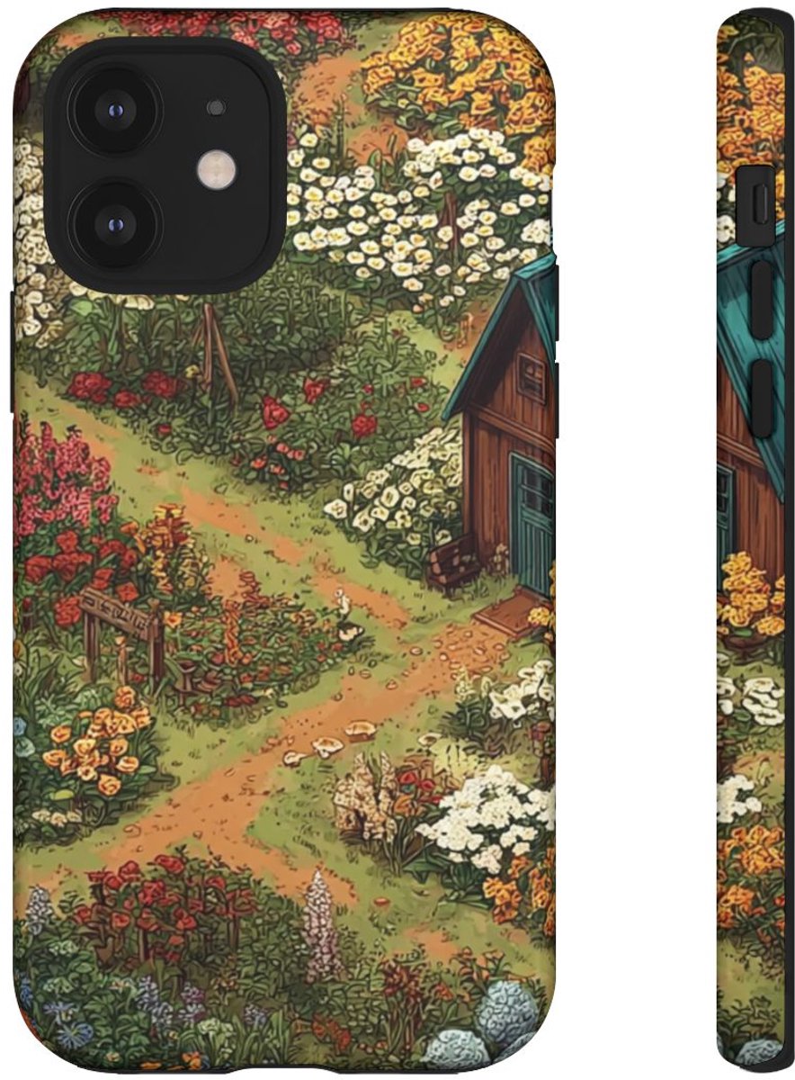 Kleurrijke Bloementuin met Huisje – Telefoonhoesje Geschikt voor iPhone 12
