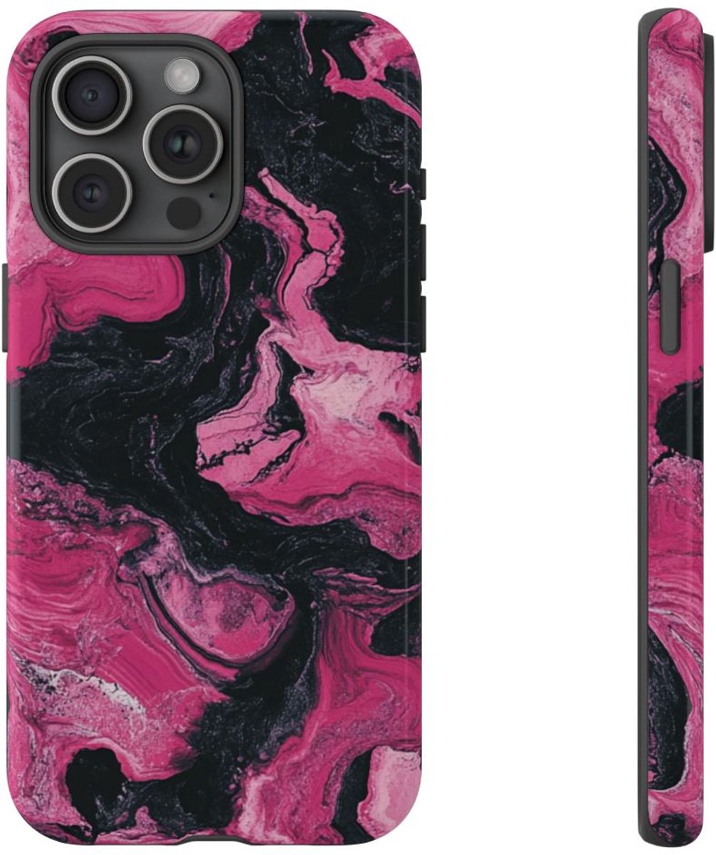 Roze en Zwarte Marmer Abstracte Textuur – Telefoonhoesje Geschikt voor iPhone 15 Pro Max