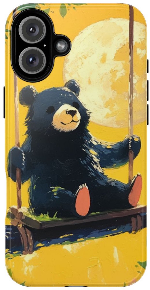 Zwarte Beer op Schommel met Maan – Telefoonhoesje Geschikt voor iPhone 16 Plus