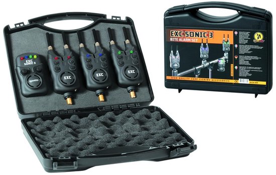 Set de détecteurs de Bite EXC Sonic 3 HQ - Set de détecteurs de touche 3+1 pour la pêche à la carpe - Comprend un boîtier récepteur et des crochets anti-accrocs