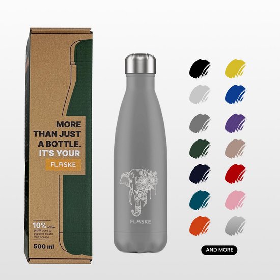 Grijze drinkfles met witte olifant-bloemenprint. Naast de fles is een doos en een kleurensjabloon te zien.