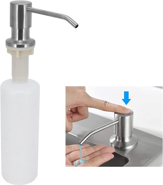 Roestvrijstalen zeepdispenser met een gebogen tuit en een witte navulbare fles. Een kleinere afbeelding toont een vinger die op de pomp drukt om zeep in een hand te doen.