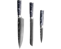 Dastium Home - 3 Delige Damascus Messenset - Damascus Stijl Japanse Keukenmessen - Messen Met Damascus Print - Met Ergonomisch Zwart Epoxy Handvat - Koksmes - Broodmes - Schilmes