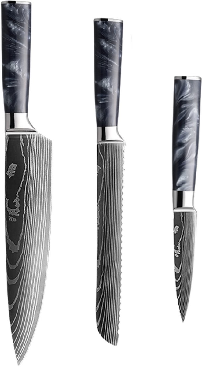 Dastium Home - 3 Delige Damascus Messenset - Damascus Stijl Japanse Keukenmessen - Messen Met Damascus Print - Met Ergonomisch Zwart Epoxy Handvat - Koksmes - Broodmes - Schilmes