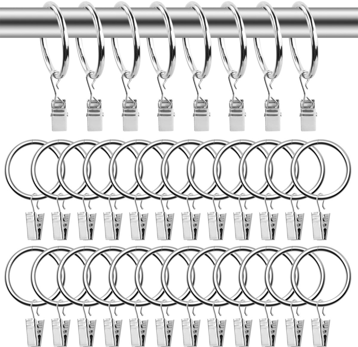 50 Stuks Metalen Gordijnringen met Clips - 38mm voor Gordijnstang & Douchegordijn - Zilver