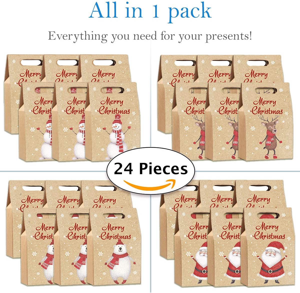 Ibenzoa® Cadeauverpakkingsset voor Kerstmis met 24 Kerstzakjes in Verschillende Designs en Handvat