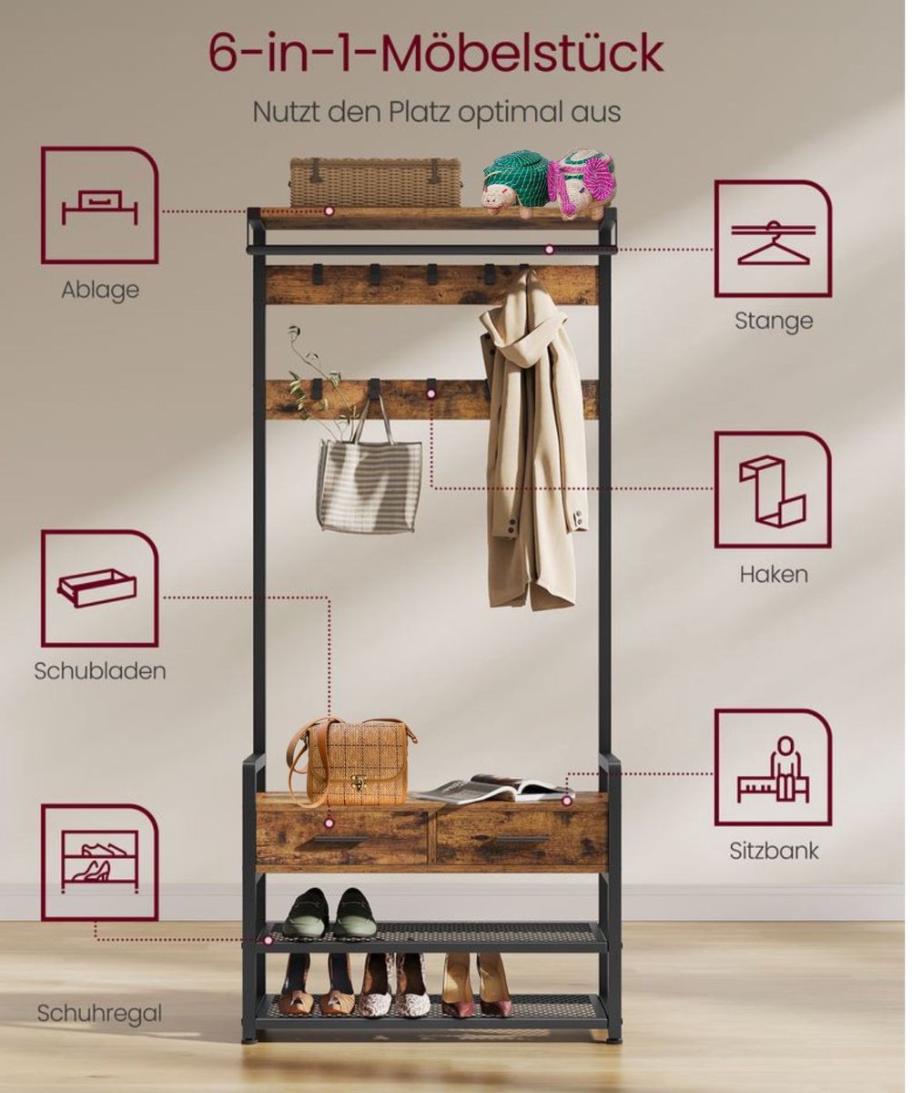 Signature Home Karako Kapstok met schoenenbank - Garderoberek 10 haken - kledingrek - schoenenrek met 2 stoffen lades - 6 zijhaken - bruin inktzwart - 30 x 80,4 x 182 – foto 3