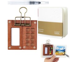 foto van Minipalet, mini-waterverfset, draagbaar schetsboekpalet met 8 rasters, reiswaterverfpalet, reisset voor kunstenaars met klemmetjes, aquarelpapier, aquarelpenselen