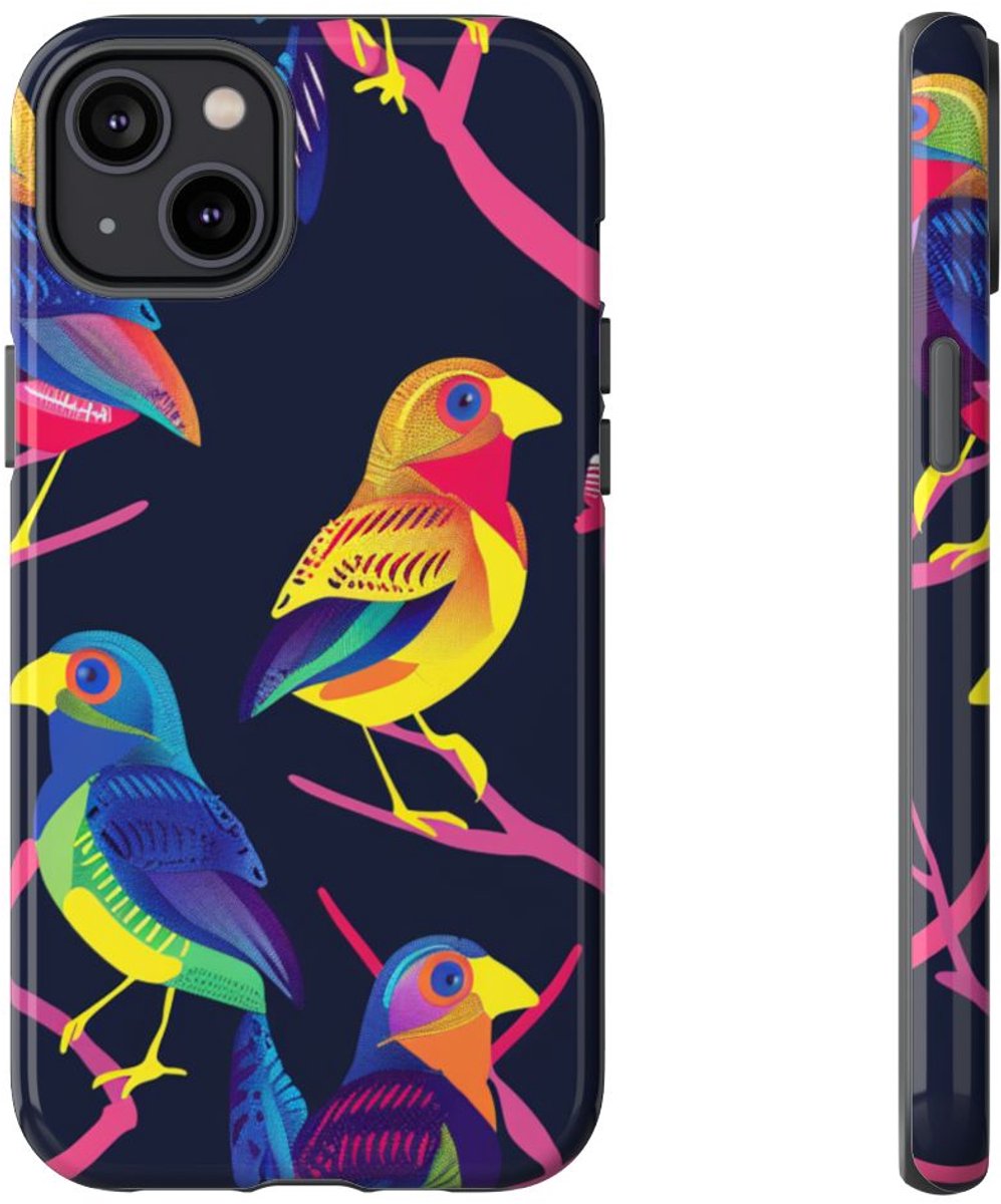 Neonkleurige Vogels op Takken – Telefoonhoesje Geschikt voor iPhone 14 Plus