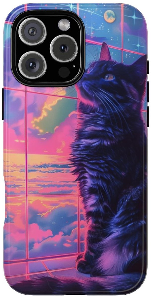 Lofi Vaporwave Kat met Neonlucht – Telefoonhoesje Geschikt voor iPhone 16 Pro Max
