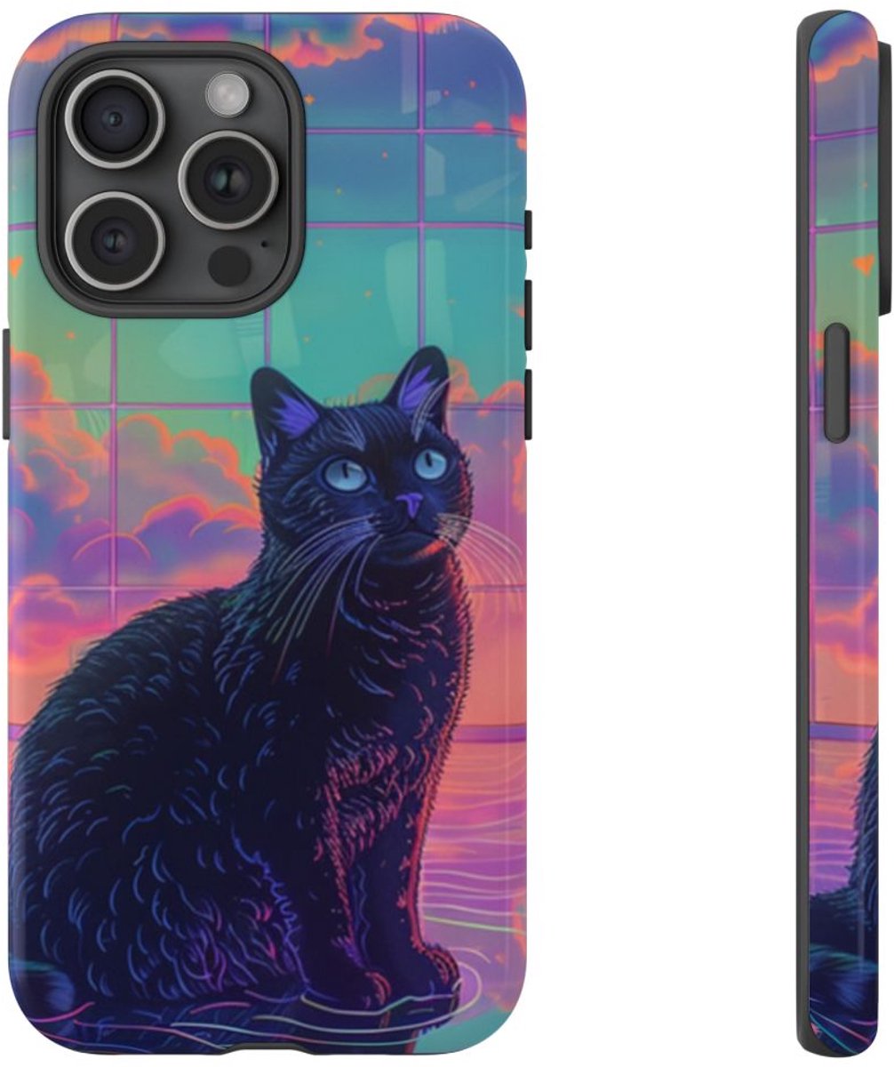 Zwarte Kat met Neonlucht Reflectie – Telefoonhoesje Geschikt voor iPhone 15 Pro Max