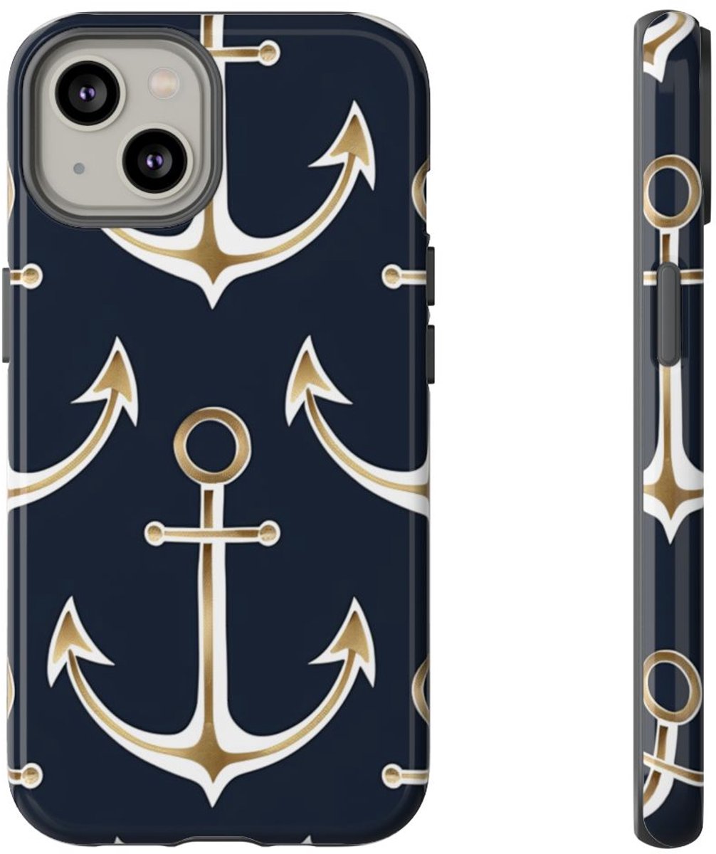 Gouden Ankers op Donkerblauwe Achtergrond – Telefoonhoesje Geschikt voor iPhone 14