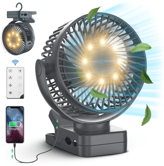 Vulpes Goods® Tech - Mini USB Ventilator PRO - Oplaadbare Tafelventilator - Stille Mini Fan met Afstandsbediening - Handventilator - Klein, Stil & Geruisloos - 3 Snelheden & Verlichting - 12000 mAh & Powerbank functie - Premium Zwart