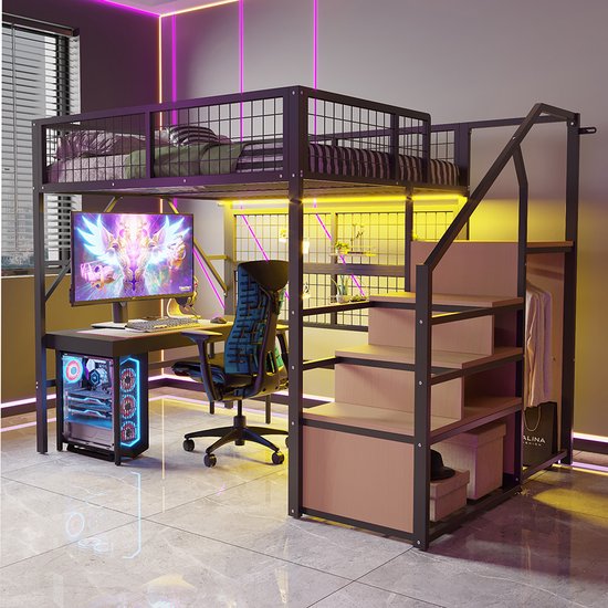 Pugsdrly Lit en fer 140*200 cm Lit mezzanine Convient aux enfants et aux adolescents Structure en métal Design polyvalent Avec échelle de rangement Avec armoire ouverte Bandes lumineuses LED contrôlées par application Zwart