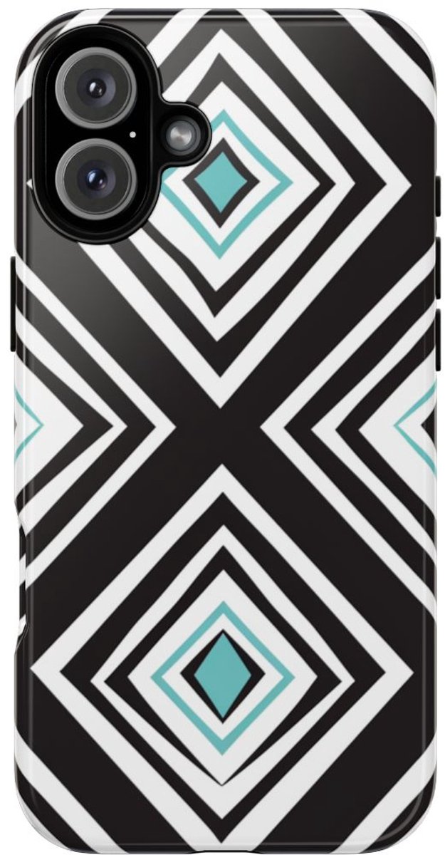 Geometrisch Zwart-Turquoise Diamantpatroon – Telefoonhoesje Geschikt voor iPhone 16 Plus