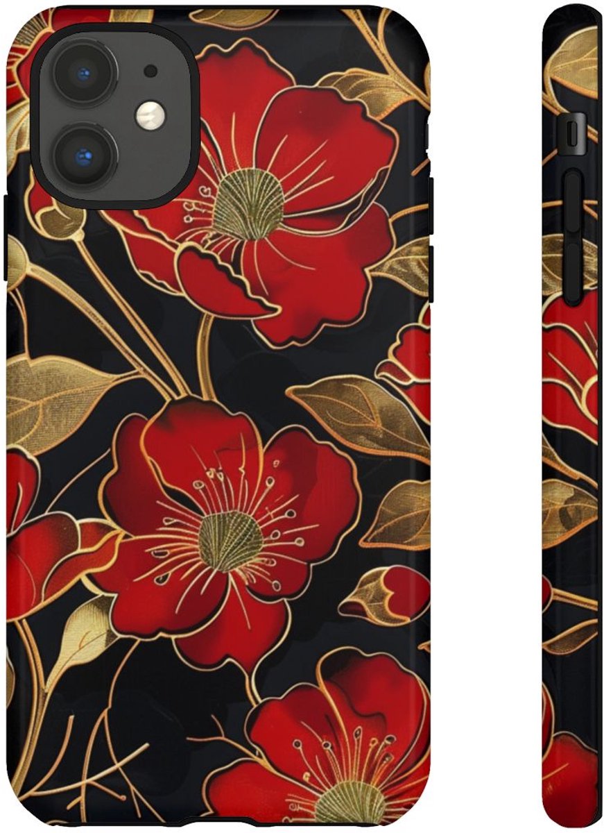 Rood-Gouden Bloemenpatroon – Telefoonhoesje Geschikt voor iPhone 11