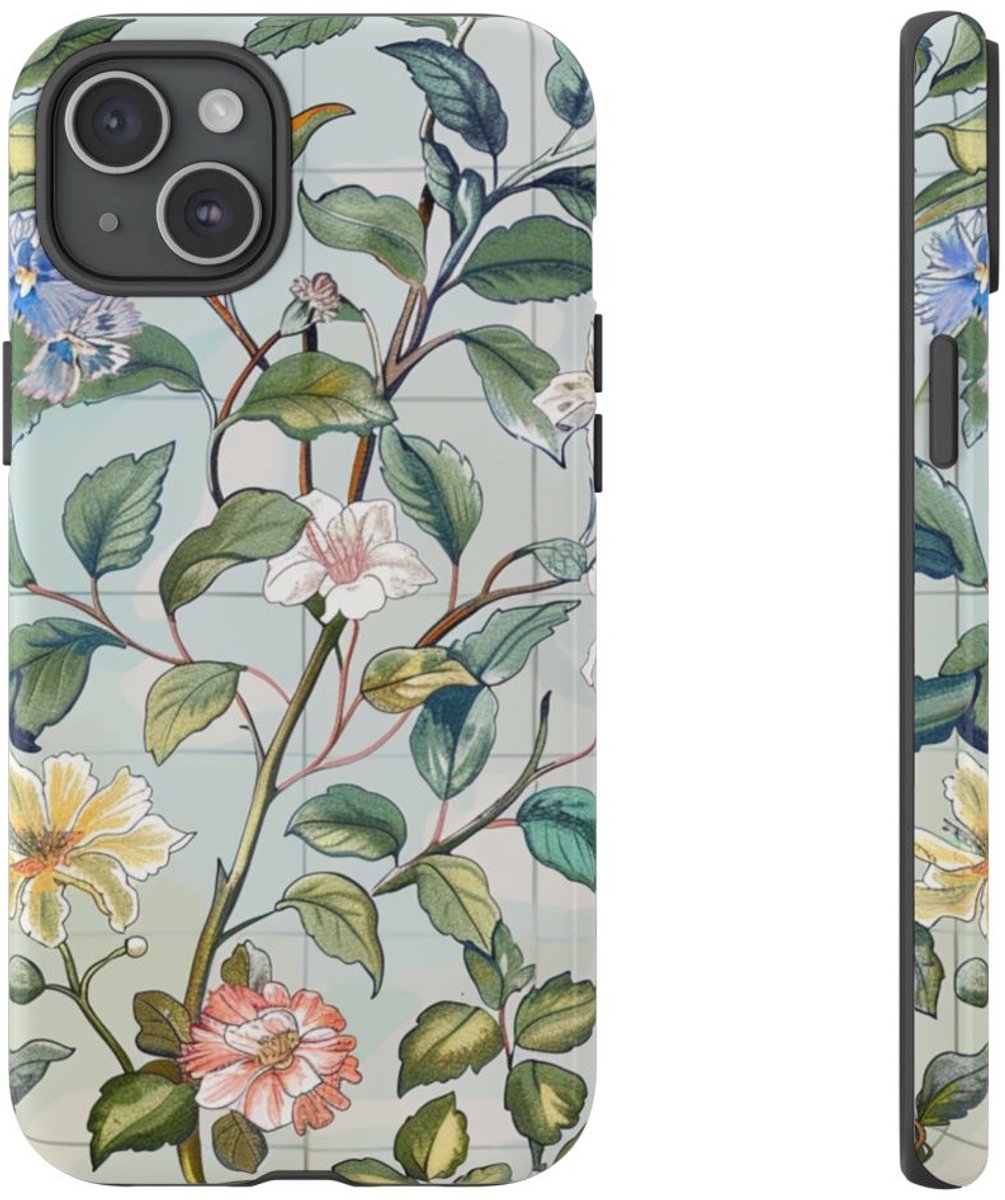 Vintage Bloemenpatroon met Vlinders – Telefoonhoesje Geschikt voor iPhone 15 Plus