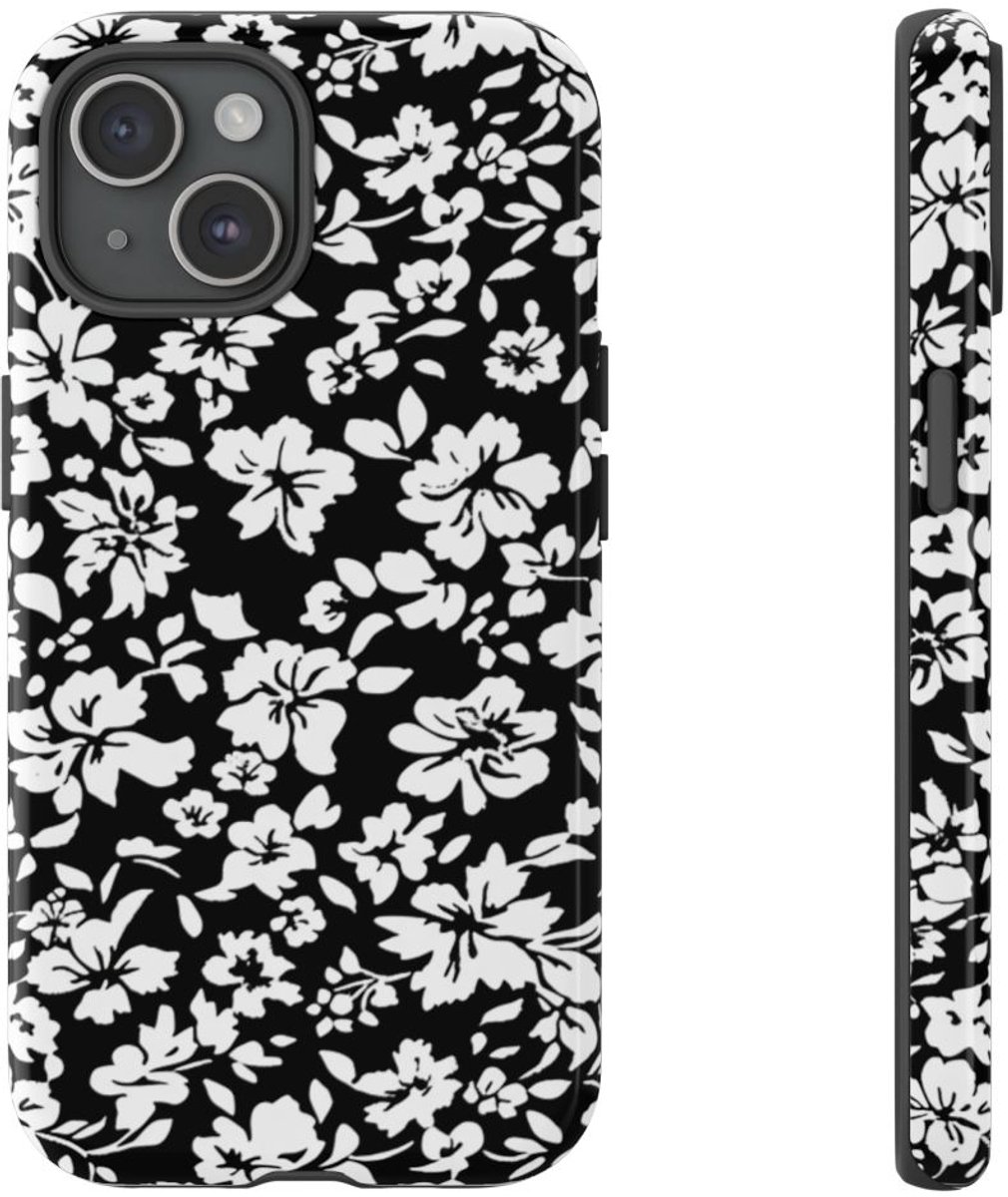 Zwart-Wit Bloemenpatroon – Telefoonhoesje Geschikt voor iPhone 15