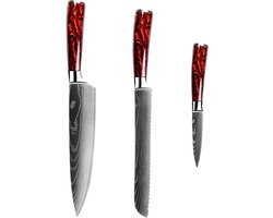 Dastium Home - 3 Delige Damascus Messenset - Damascus Stijl Japanse Keukenmessen - Messen Met Damascus Print - Met Ergonomisch Rood Epoxy Handvat - Koksmes - Broodmes - Schilmes