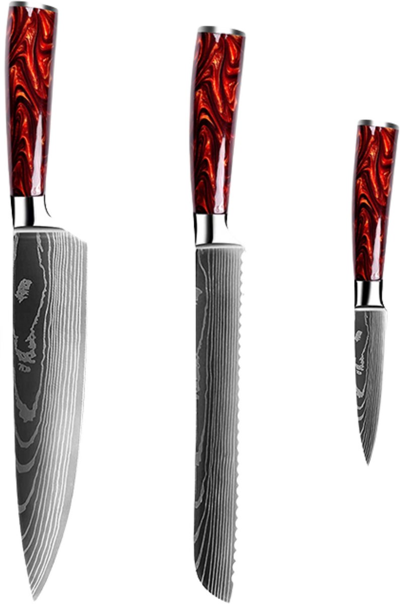 Dastium Home - 3 Delige Damascus Messenset - Damascus Stijl Japanse Keukenmessen - Messen Met Damascus Print - Met Ergonomisch Rood Epoxy Handvat - Koksmes - Broodmes - Schilmes