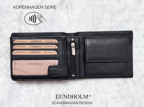 Zwarte leren Lundholm portemonnee, Kopenhagen Serie, met vier pasjesvakken, muntvak met drukknoop en ritsvak.