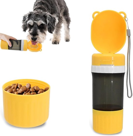 1 artikel - Reisfles voor huisdieren - 2-in-1 reiswaterfles voor huisdieren en voedselcontainer - Draagbare waterfles voor huisdieren - Voedseldispenser voor huisdieren - Lekvrij - Geel - Ideaal voor wandelen, hiken en kamperen