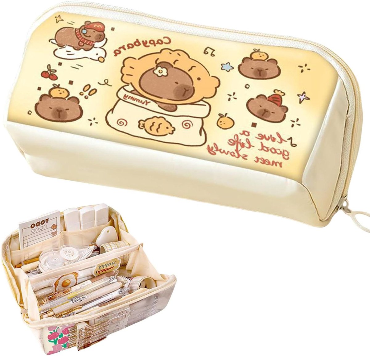 Groot etui met 8 lagen en schattig capibara ontwerp, ideaal voor meisjes en jongens om pennen en schoolspullen overzichtelijk op te bergen