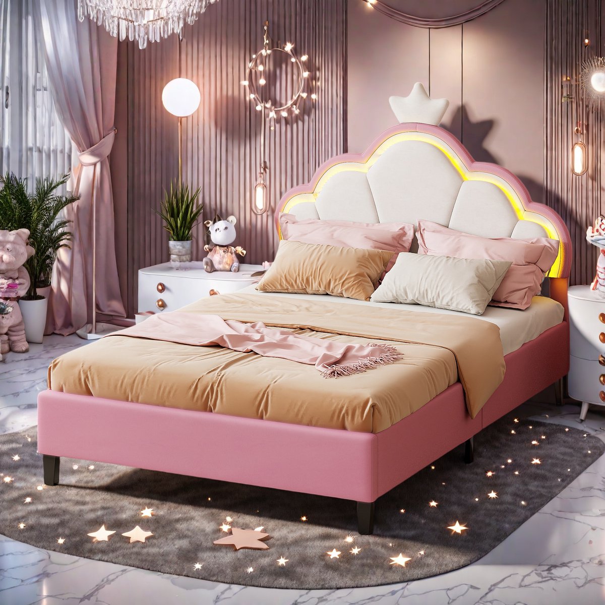 ROSAHQNDA Modern gestoffeerd bed, LED-prinsessenbed, hoofdbord in de vorm van een bloem met kroondecoratie, 90x200cm Eenpersoonsbed, zonder matras Roze